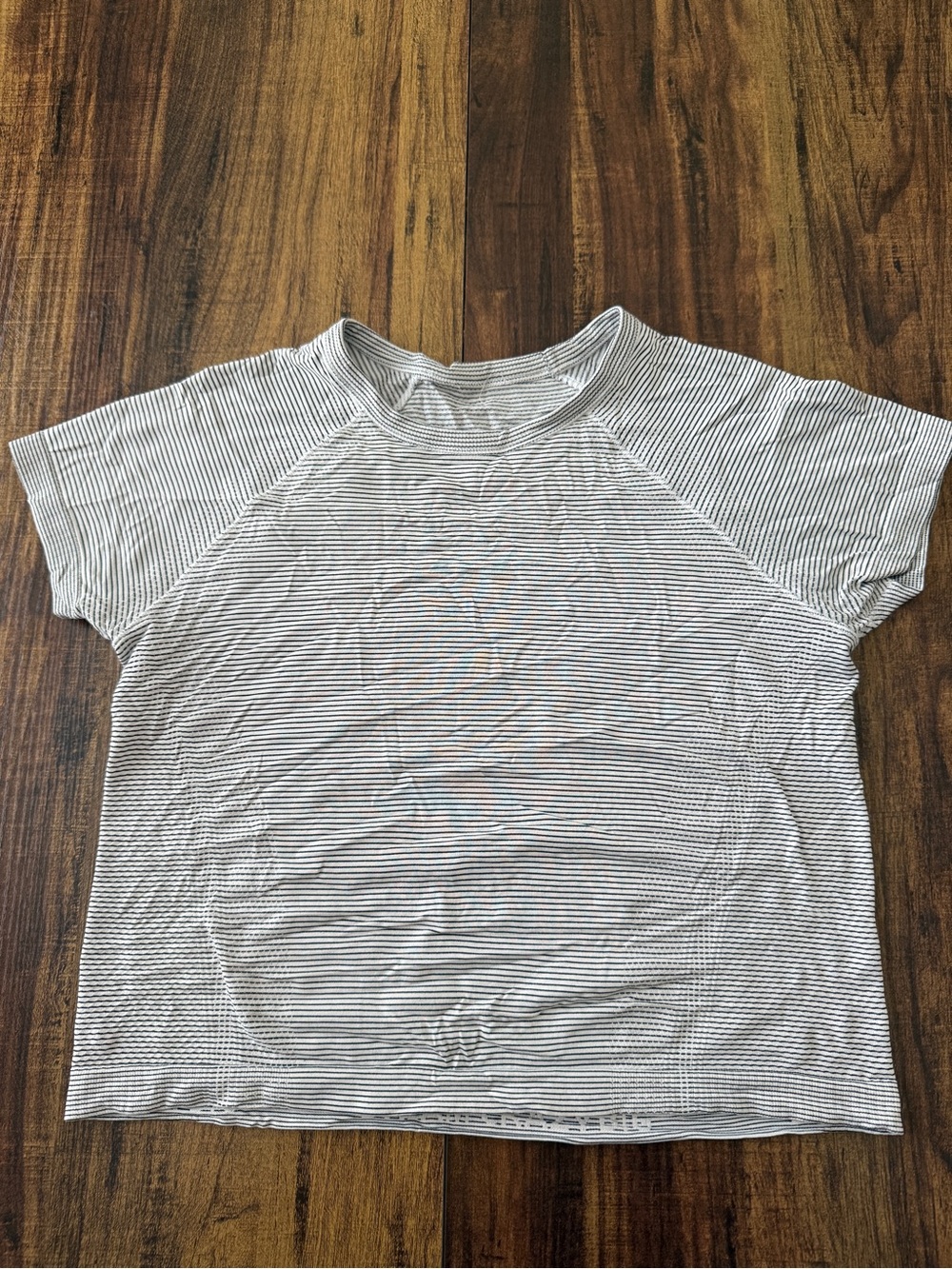 Athleta White and Black Micro-Striped Short Sleeve Tee